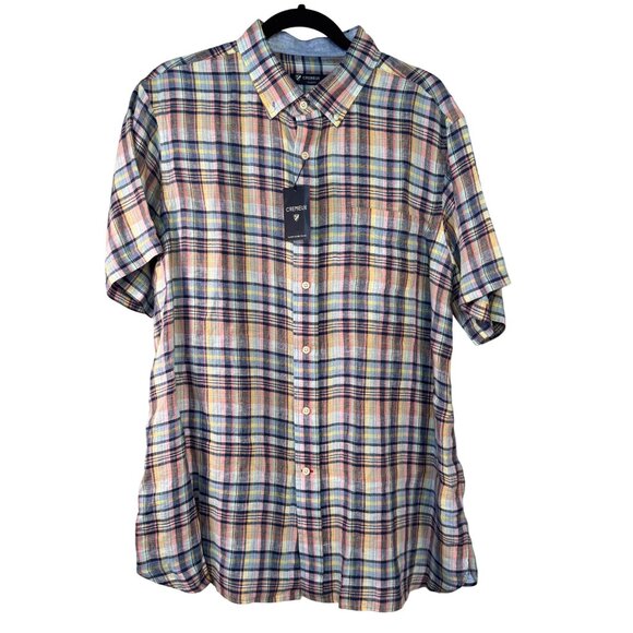Cremeux Classics XL Mens Plaid Button-Down Shirt 100% Linen Short Sleeve - Picture 1 of 8